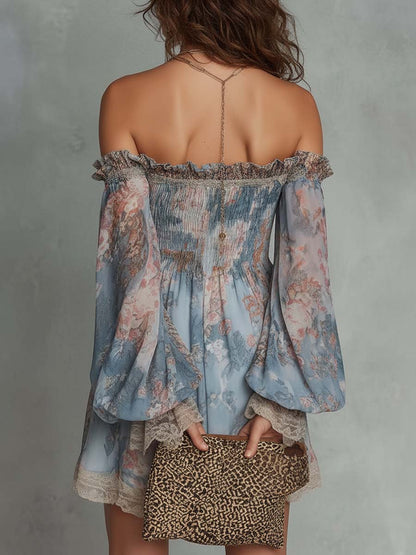 Romantic Floral Off-Shoulder Ruched Mini Dress