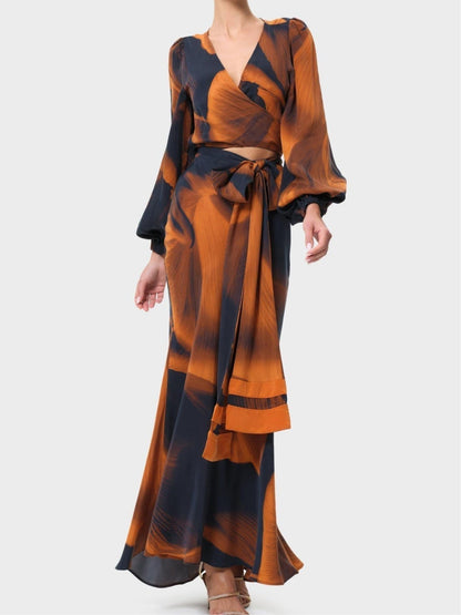 Adele | Navy and Brown Abstract-print Reversible Top and Skirt Set