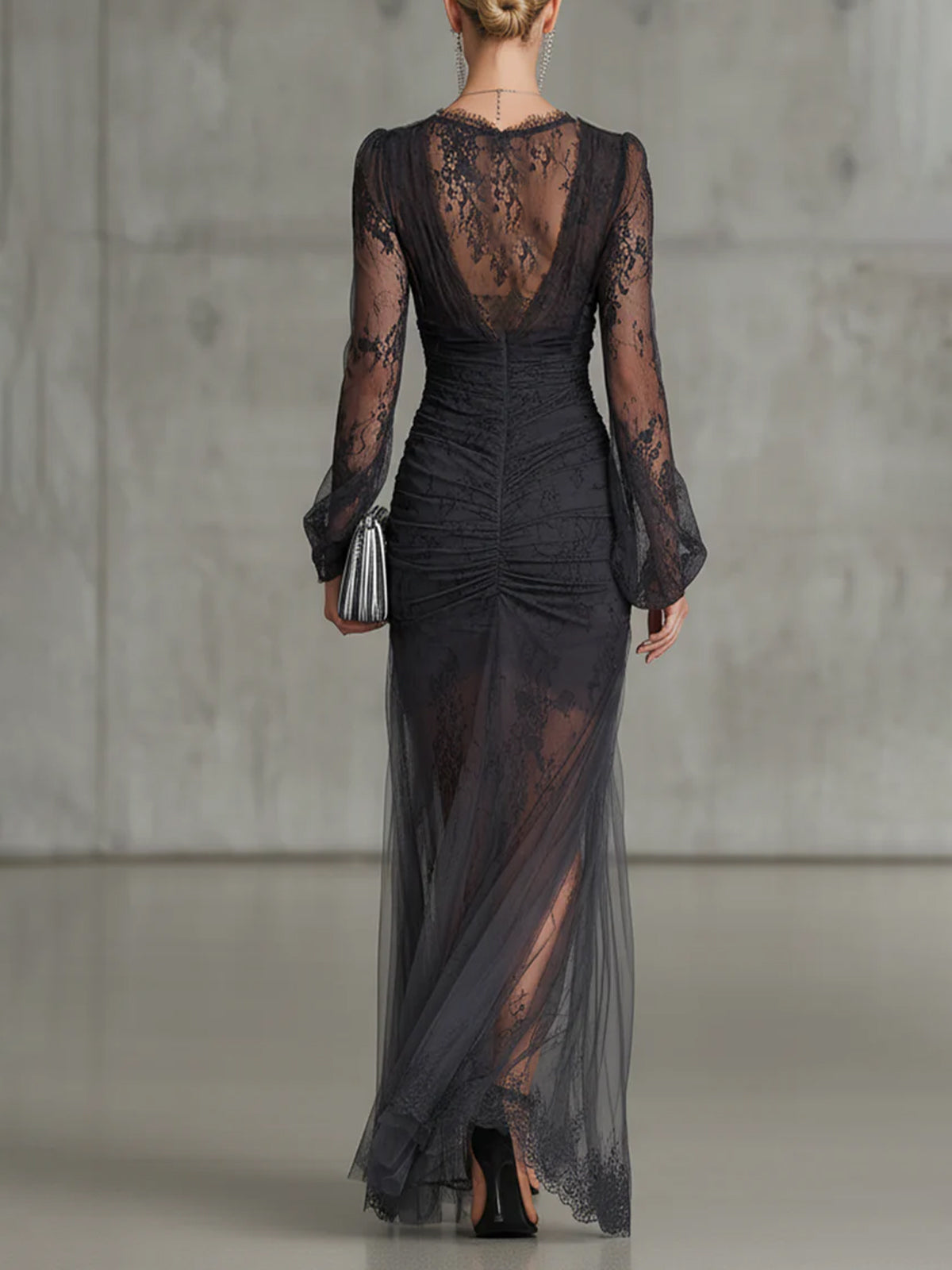 Quintina | Long Black Dress with Deep V-neck and Dramatic Slit