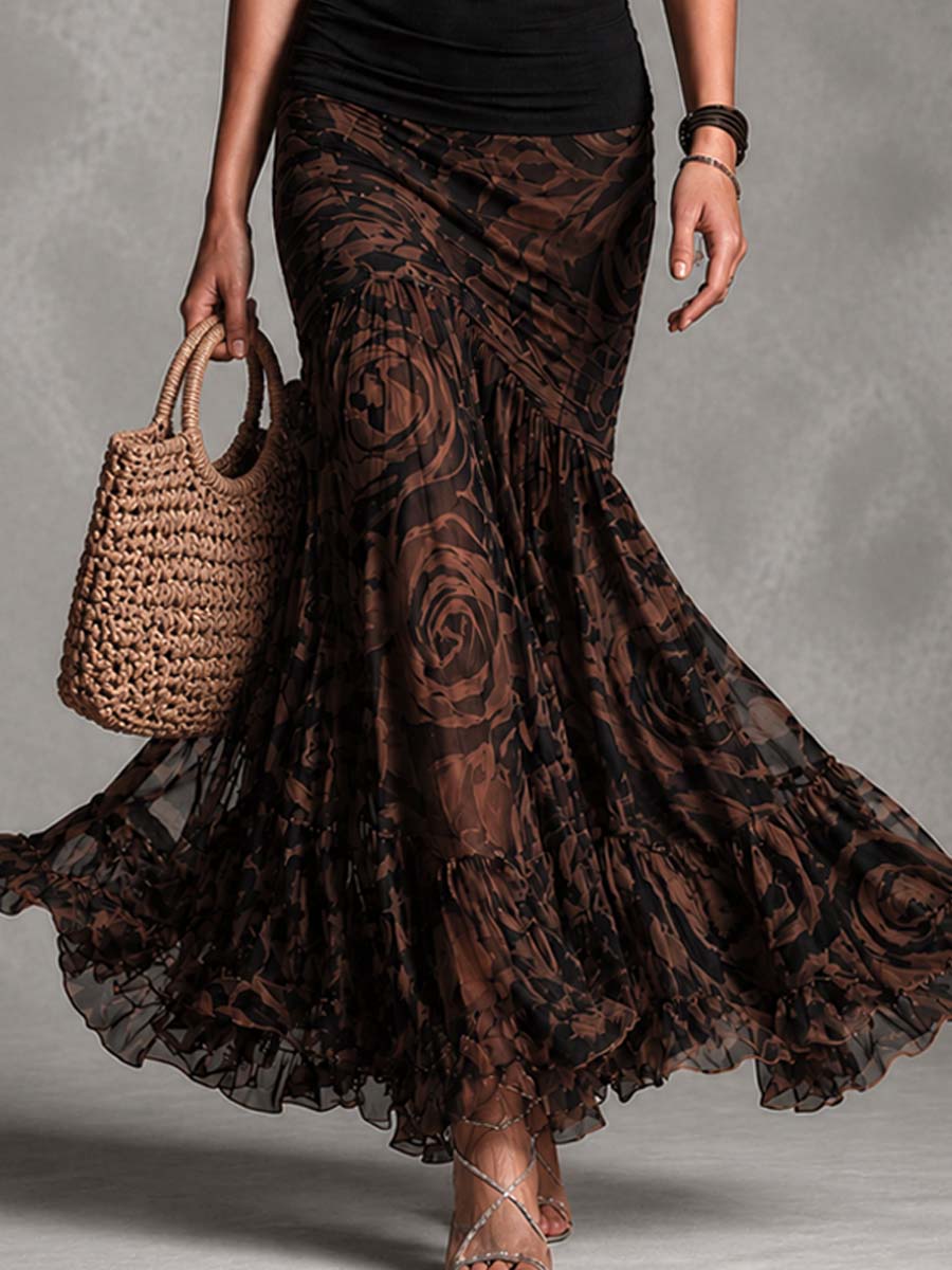 Lucilla | Black Two-piece Set with Printed Brown Mermaid Skirt Dress