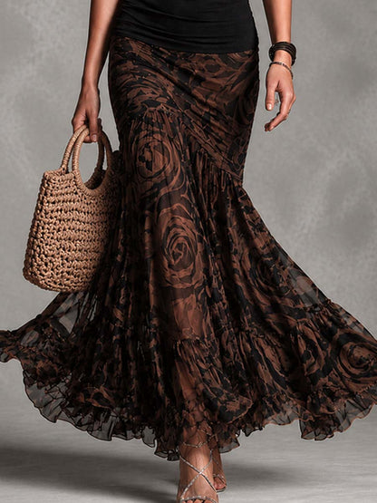 Lucilla | Black Two-piece Set with Printed Brown Mermaid Skirt Dress