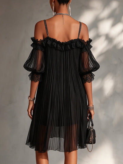 Black Off-Shoulder Mini Dress with Lace Trim