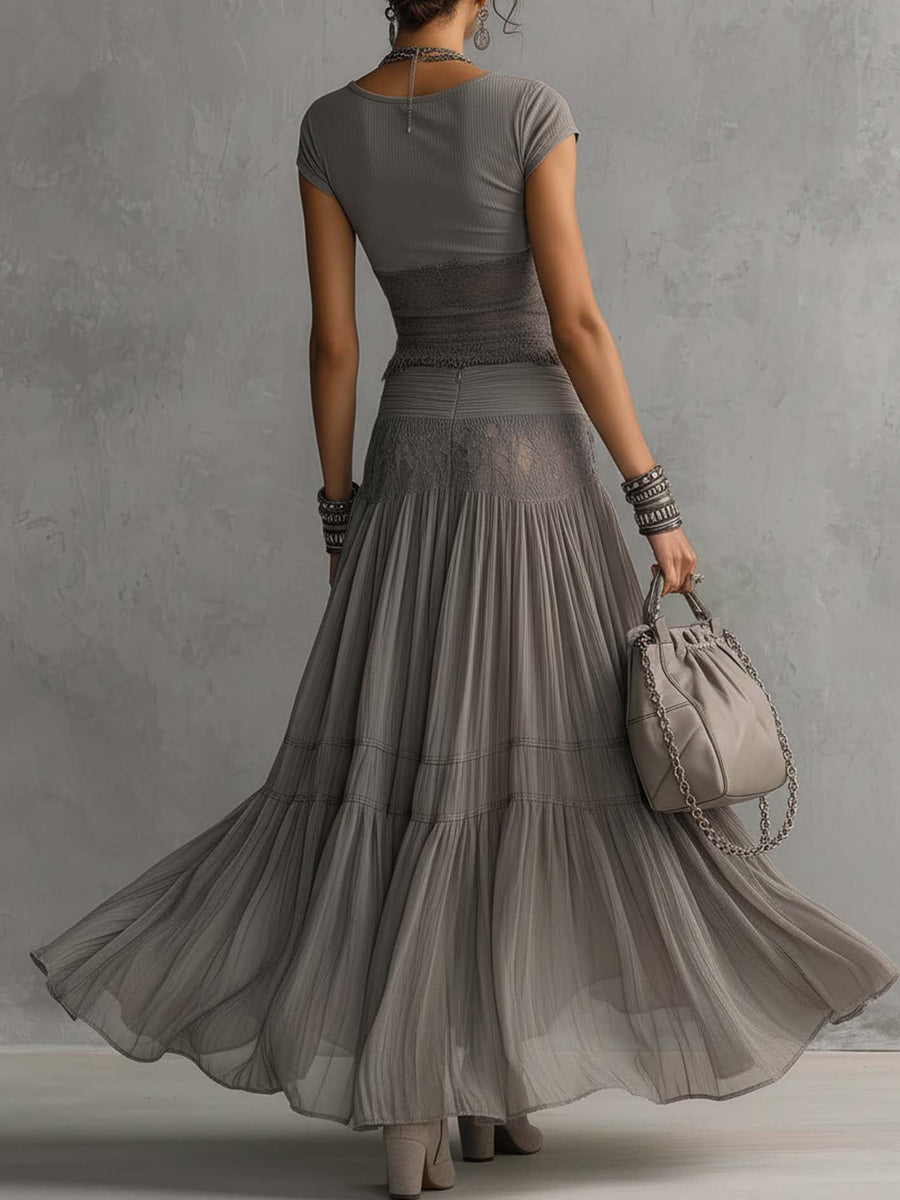Vesper | Lace | Paneled Top & Pleated Maxi Skirt Set
