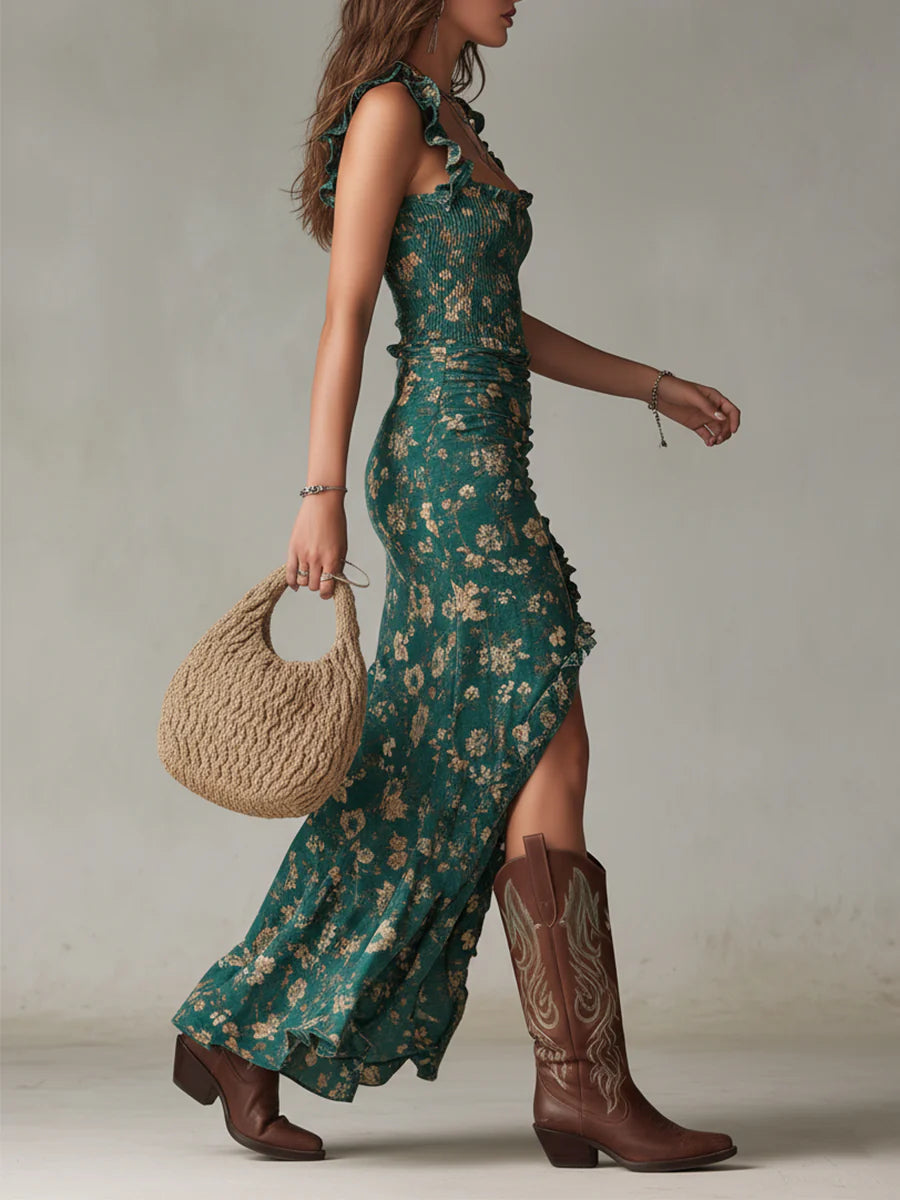 Juniper | Bohemian Ruffle | Sleeve Printed Maxi Dress