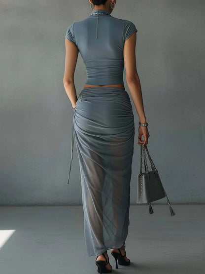 Jacqueline | Blue Lace Crop Top & Tulle Maxi Skirt Set