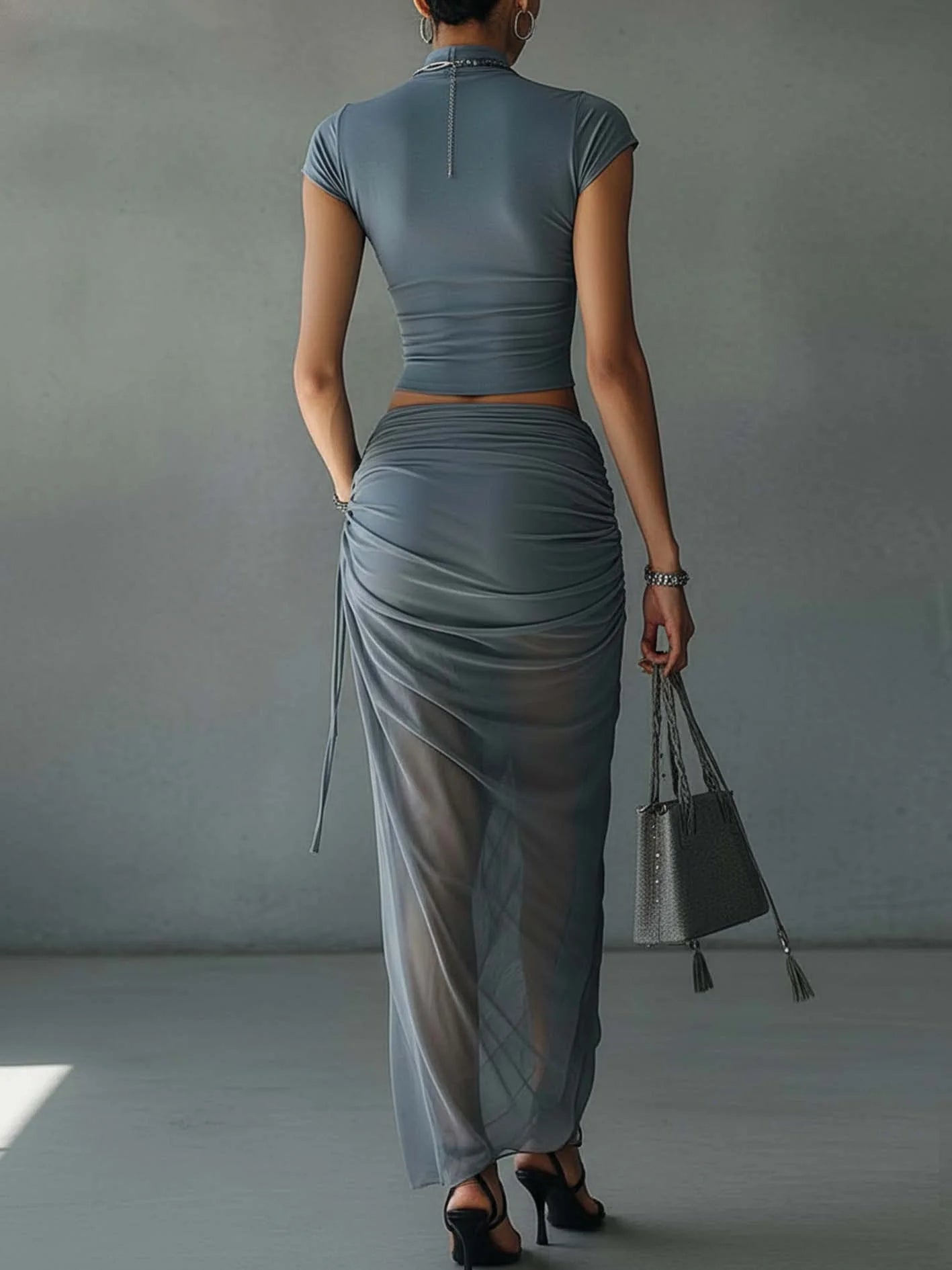 Noor | Cropped Tee & Sheer Draped Skirt Set