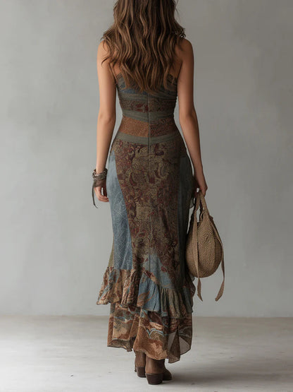 Elena | Asymmetric Bold Print Ruffle-Slit Maxi Dress