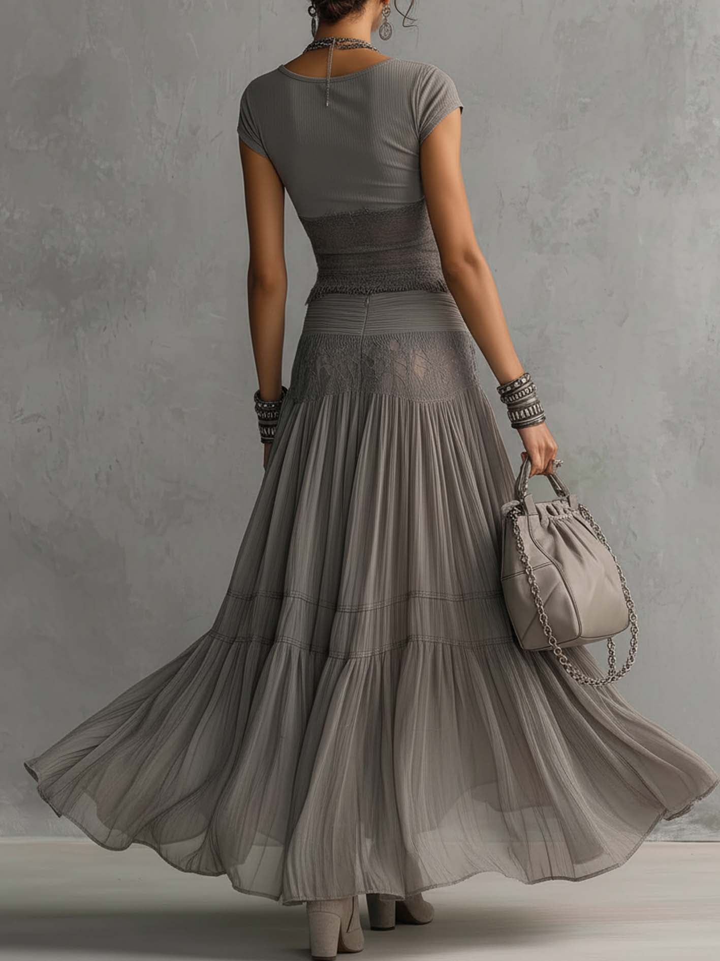 Christine | Gray Lace Top and Pleated Maxi Skirt Set