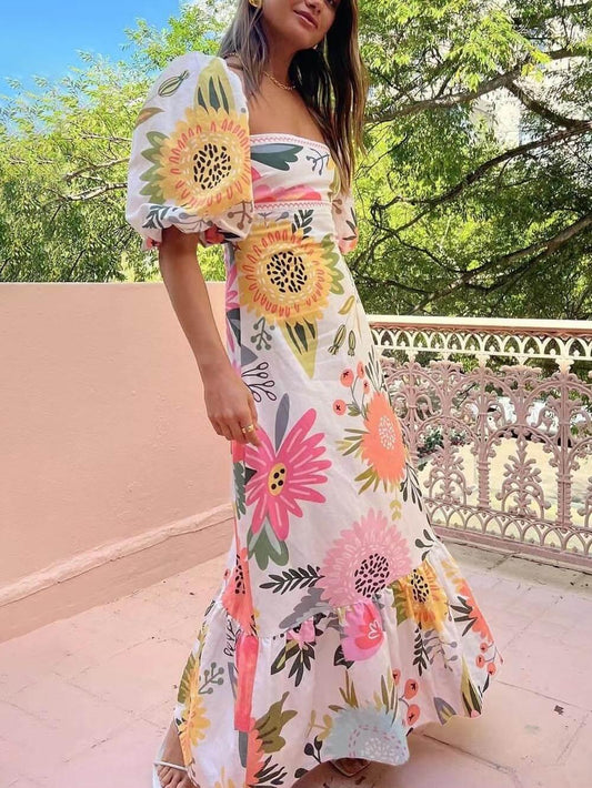 Ivy | Holiday Square Neck Floral Print Maxi Dress