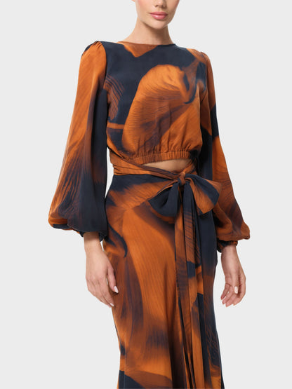 Adele | Navy and Brown Abstract-print Reversible Top and Skirt Set