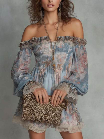 Romantic Floral Off-Shoulder Ruched Mini Dress
