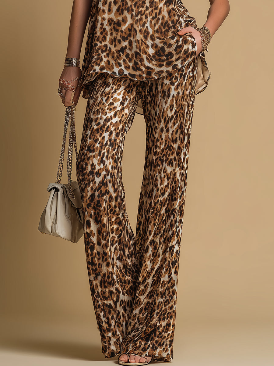 Isla | Elegant Leopard Print Sleeveless Chiffon Top and Flared Pants Set