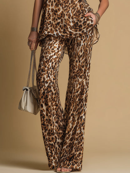Isla | Elegant Leopard Print Sleeveless Chiffon Top and Flared Pants Set