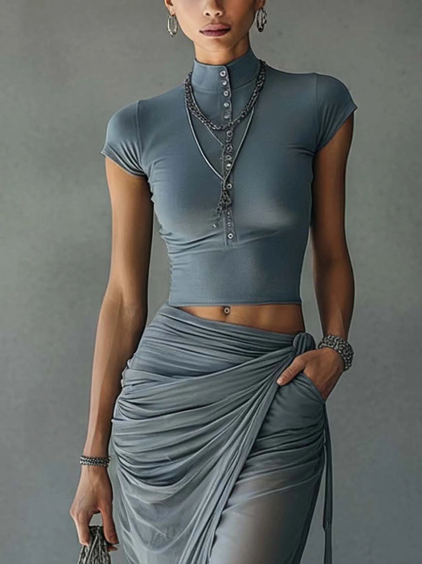 Jacqueline | Blue Lace Crop Top & Tulle Maxi Skirt Set