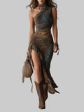 Elena | Asymmetric Ethnic-Print Maxi Dress