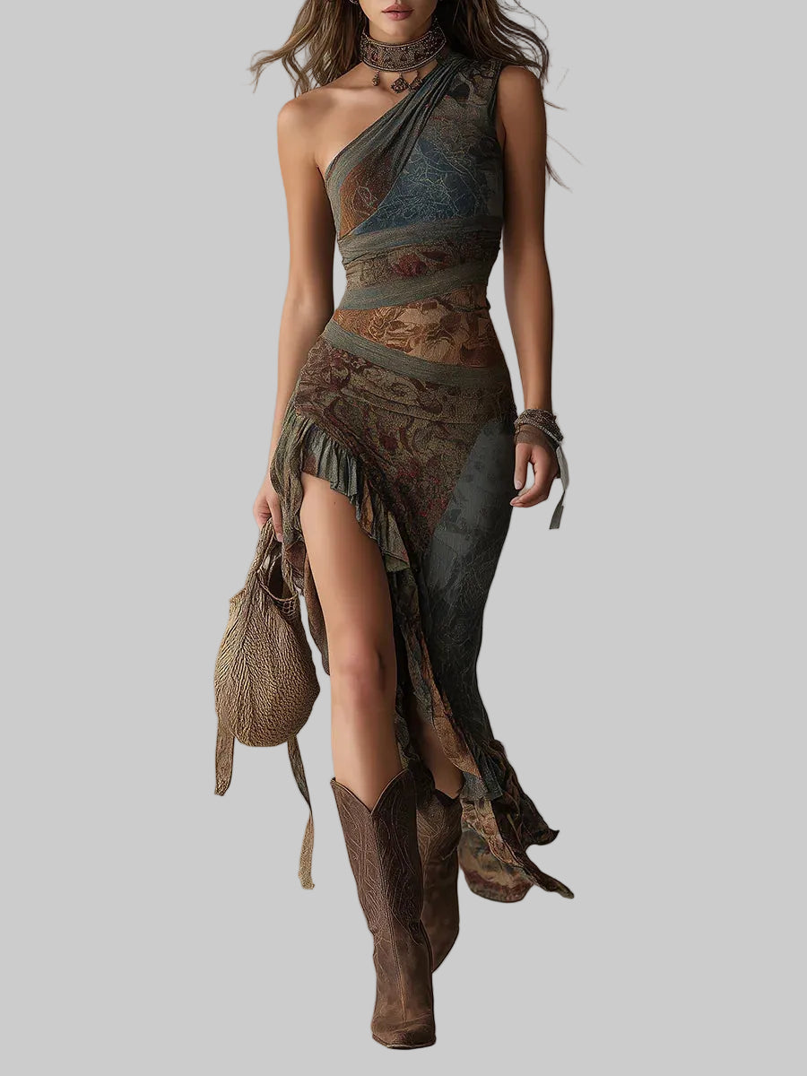 Elena | Asymmetric Ethnic-Print Maxi Dress - women's dress