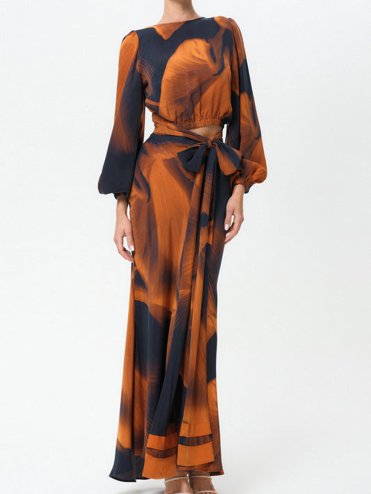 Adele | Navy and Brown Abstract-print Reversible Top and Skirt Set