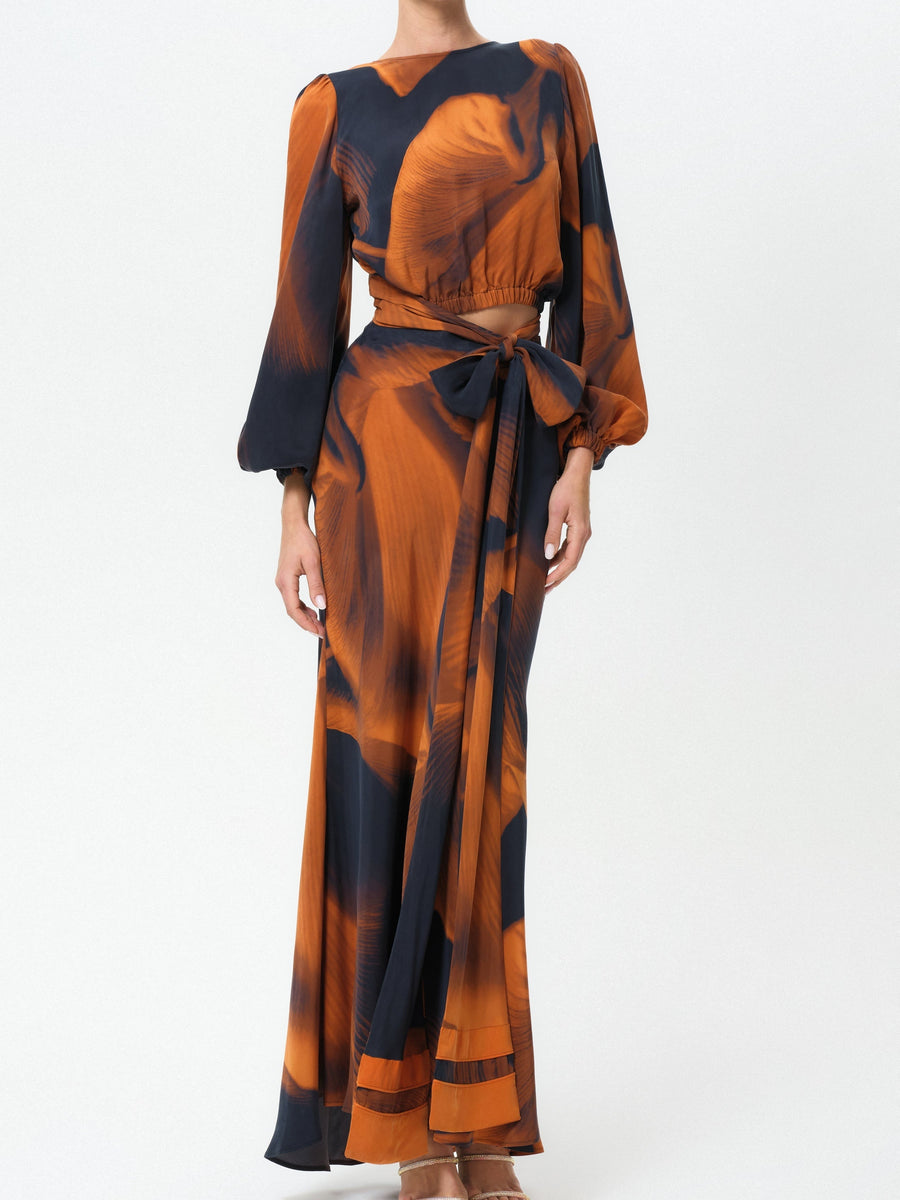 Adele | Navy and Brown Abstract-print Reversible Top and Skirt Set