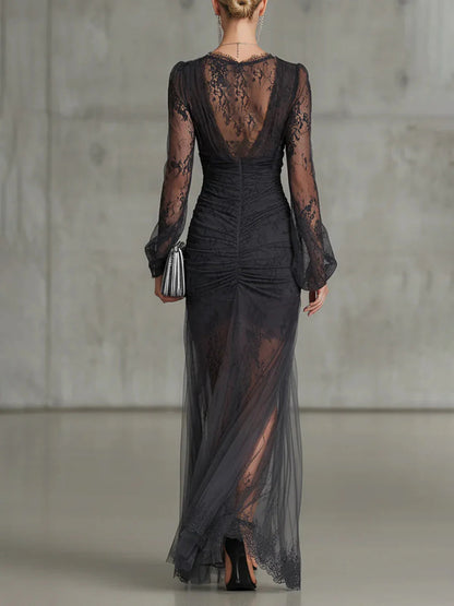 Adelaide | Lace Ruched Sheer | Sleeve Slit Maxi Dress