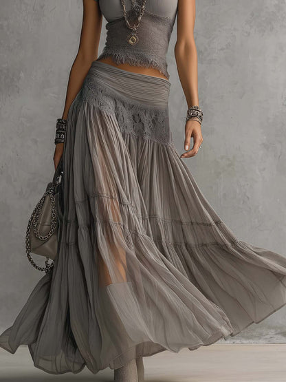 Vesper | Lace | Paneled Top & Pleated Maxi Skirt Set