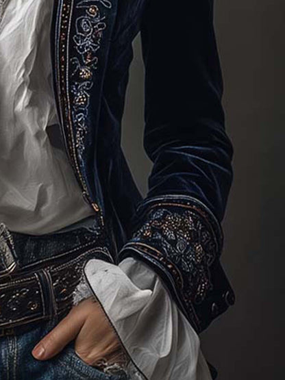 Mira | Vintage Navy Embroidered Longline Jacket