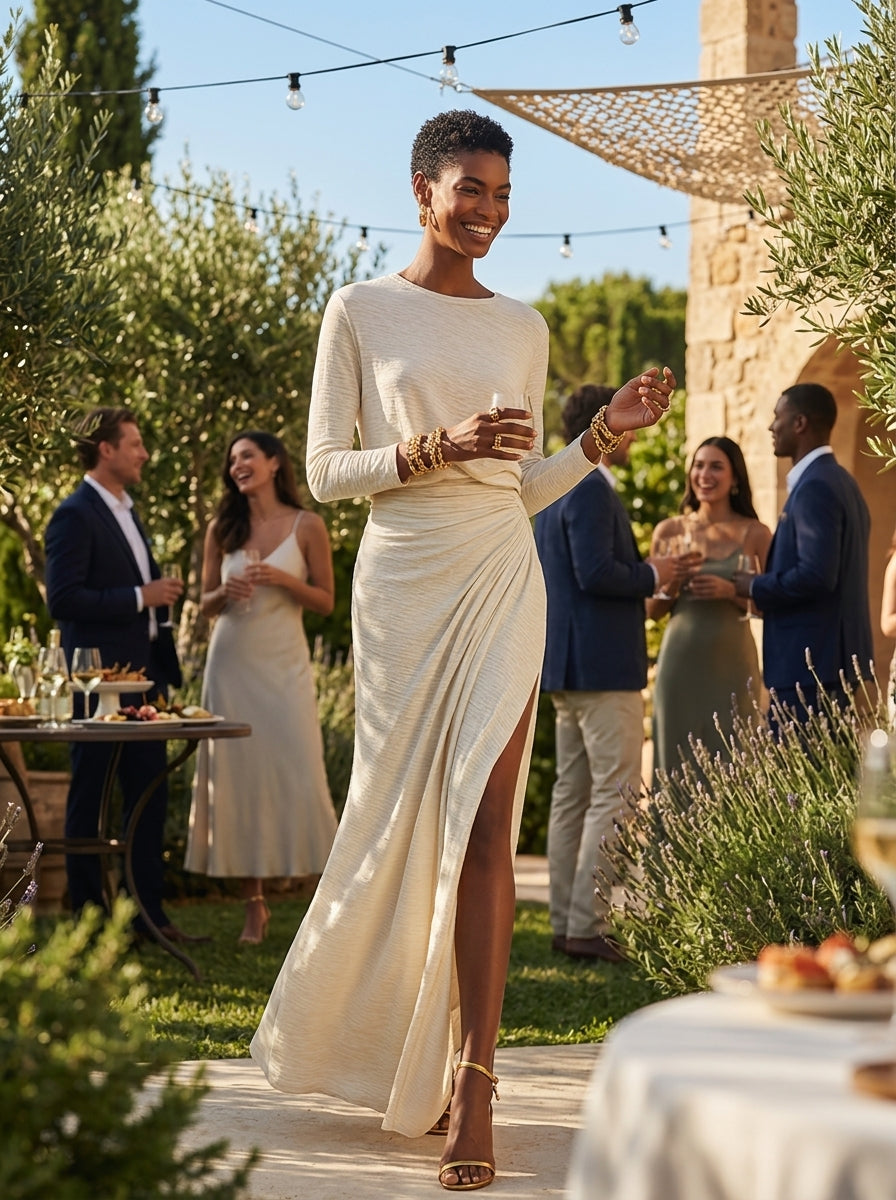 Hedda | Beige Crew Neck Ruched Slit Maxi Dress
