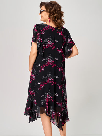 Rosalie | Pink Floral Ruffle Midi Dress