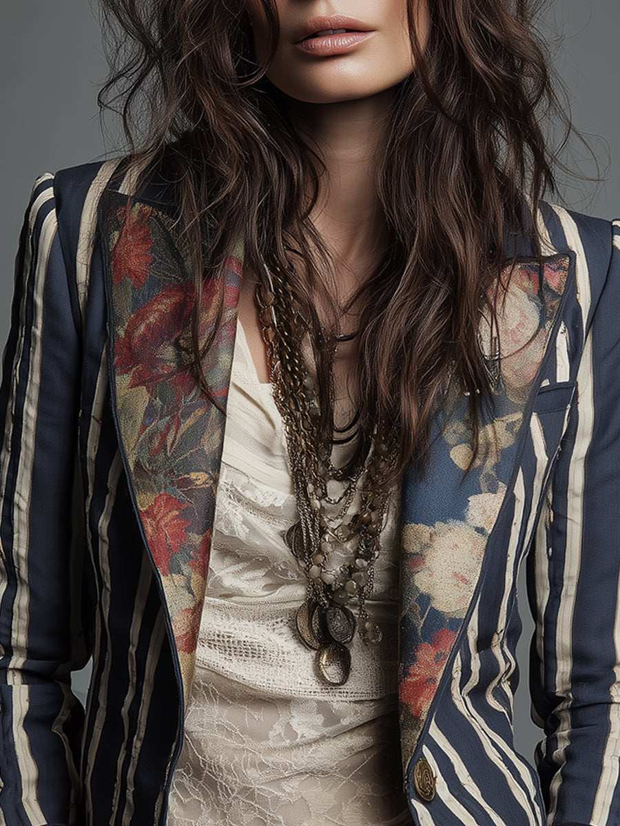 Marina | Boho Floral Print Striped Blazer