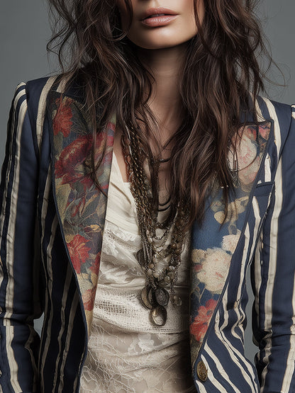 Marina | Boho Floral Print Striped Blazer