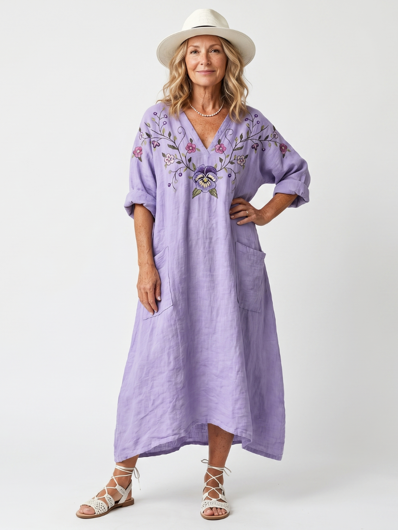 Tavi | Robe Midi Oversize Brodée Fleurs avec Poches
