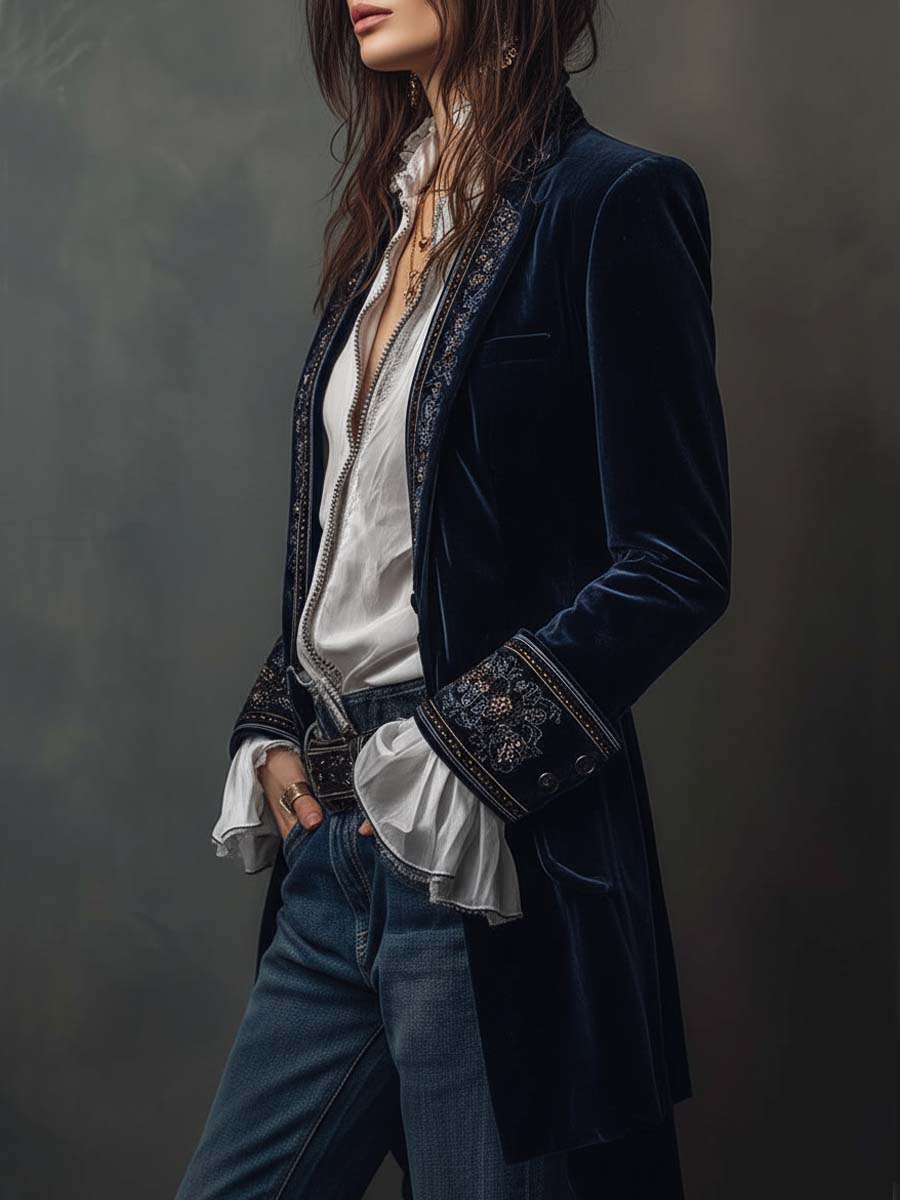 Mira | Vintage Navy Embroidered Longline Jacket