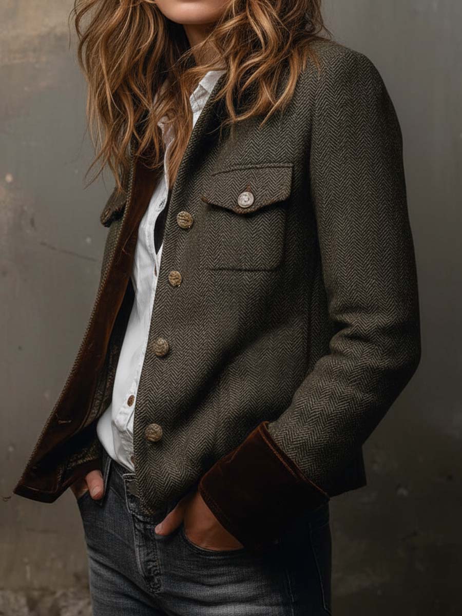 Aurelia | Vintage Herringbone Contrast Trim Blazer