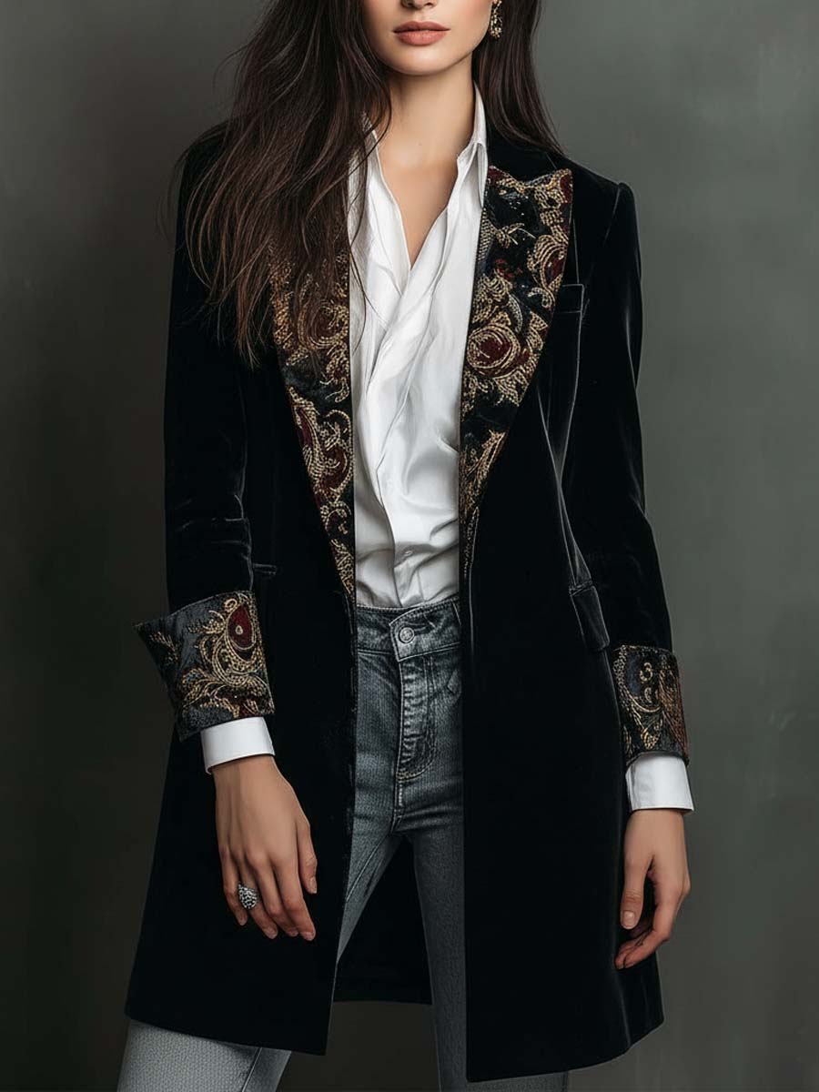 Dahlia | Black Baroque Print Lapel Slim Fit Blazer