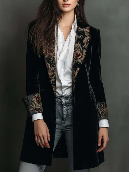 Dahlia | Black Baroque Print Lapel Slim Fit Blazer
