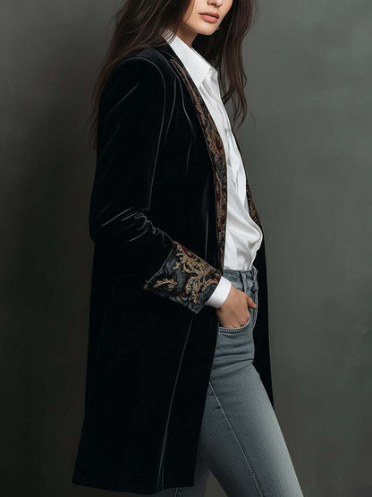 Dahlia | Black Baroque Print Lapel Slim Fit Blazer