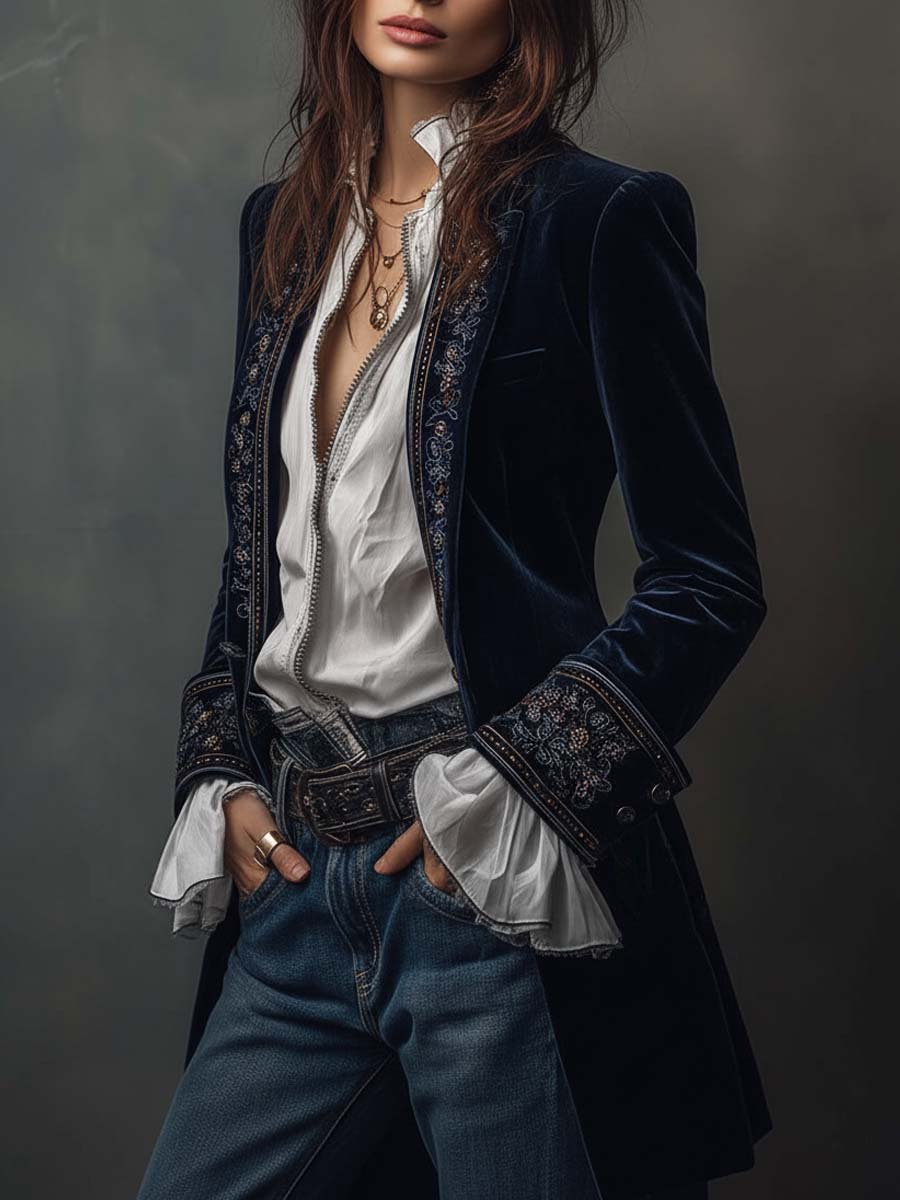 Mira | Vintage Navy Embroidered Longline Jacket