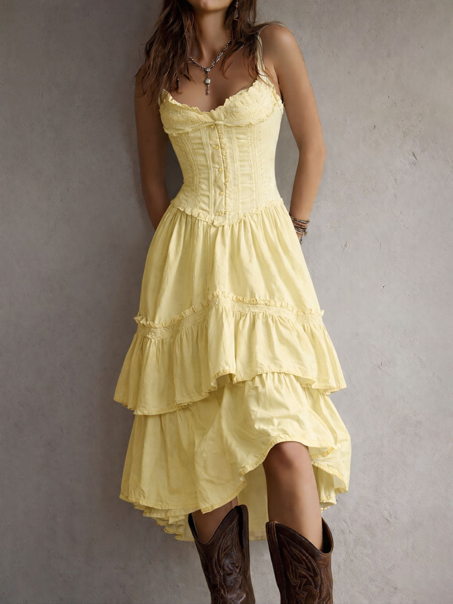 Retro Boho Corset Tiered Midi Dress with Lace-Trim