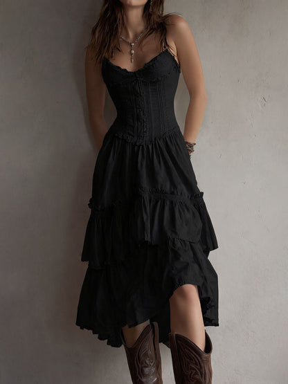 Retro Boho Corset Tiered Midi Dress with Lace-Trim