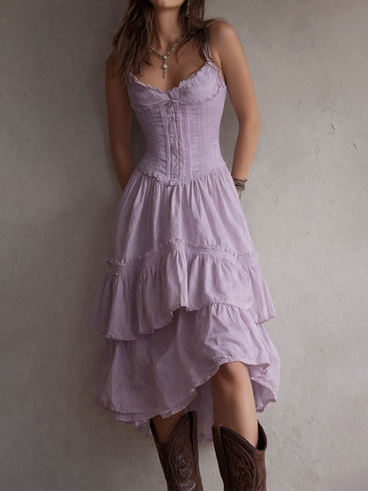Retro Boho Corset Tiered Midi Dress with Lace-Trim
