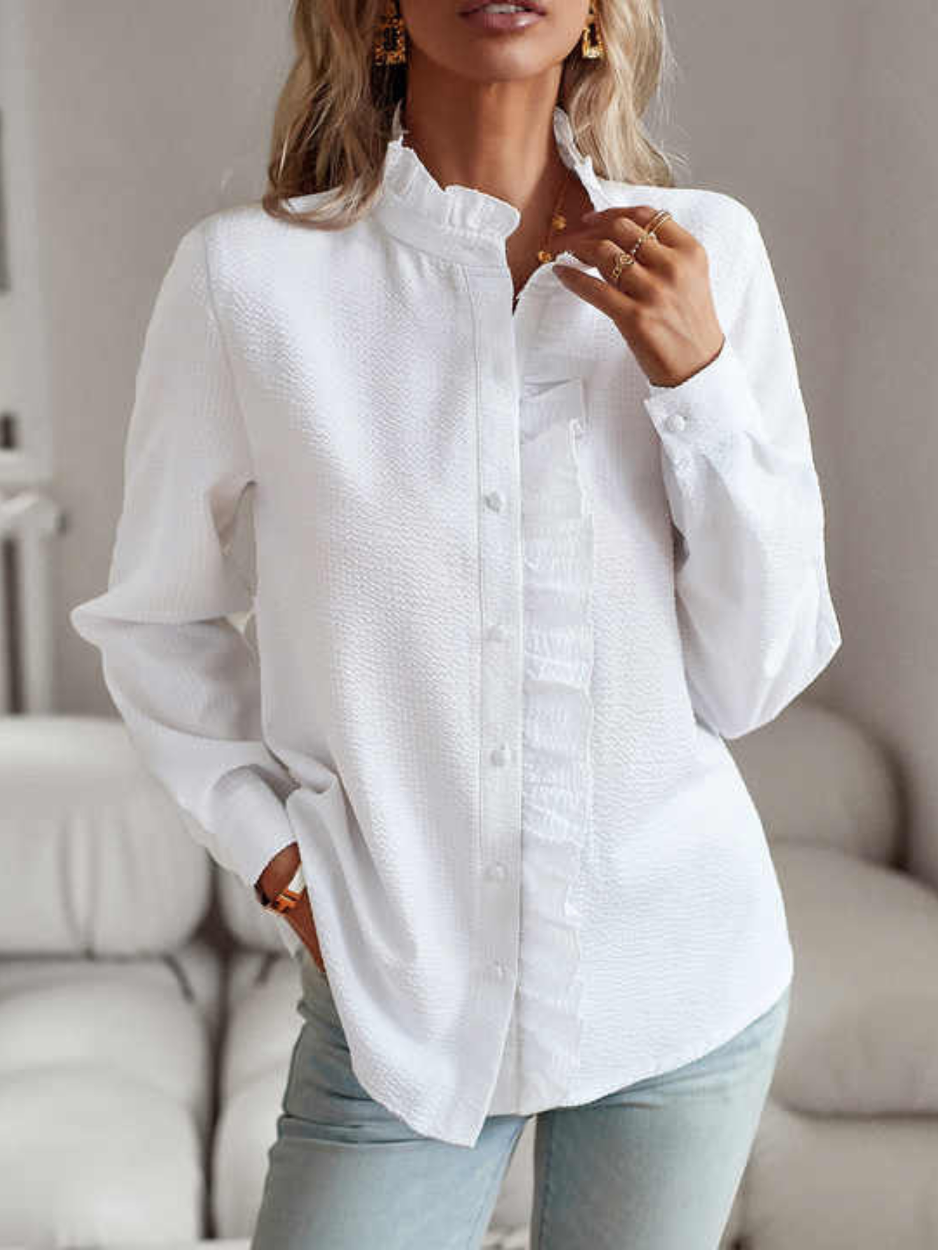 Angela | Ruffle Front Button Blouse