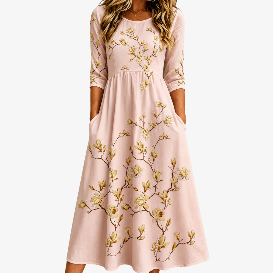Amelia | Golden Magnolia Bloom Pocket Midi Dress