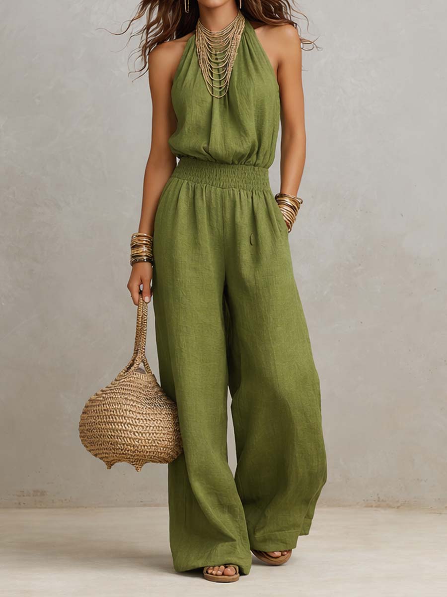 Tan Cotton-Linen Halter Wide-Leg Jumpsuit
