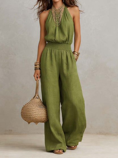 Tan Cotton-Linen Halter Wide-Leg Jumpsuit