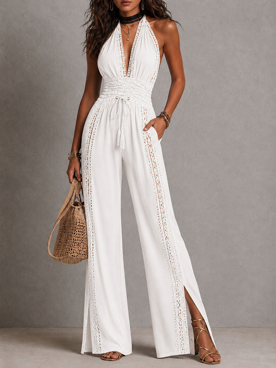 Elegant Boho Lace Panel Wide-Leg Jumpsuit