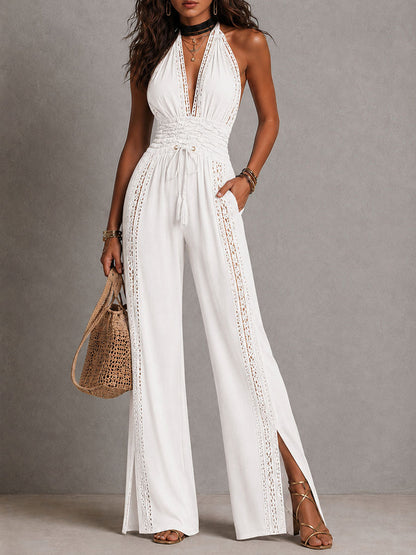 Elegant Boho Lace Panel Wide-Leg Jumpsuit