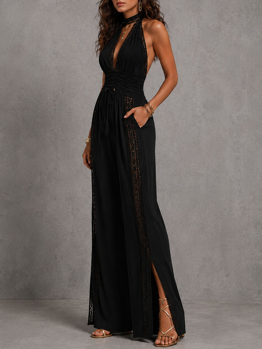 Elegant Boho Lace Panel Wide-Leg Jumpsuit