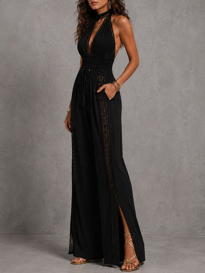 Elegant Boho Lace Panel Wide-Leg Jumpsuit