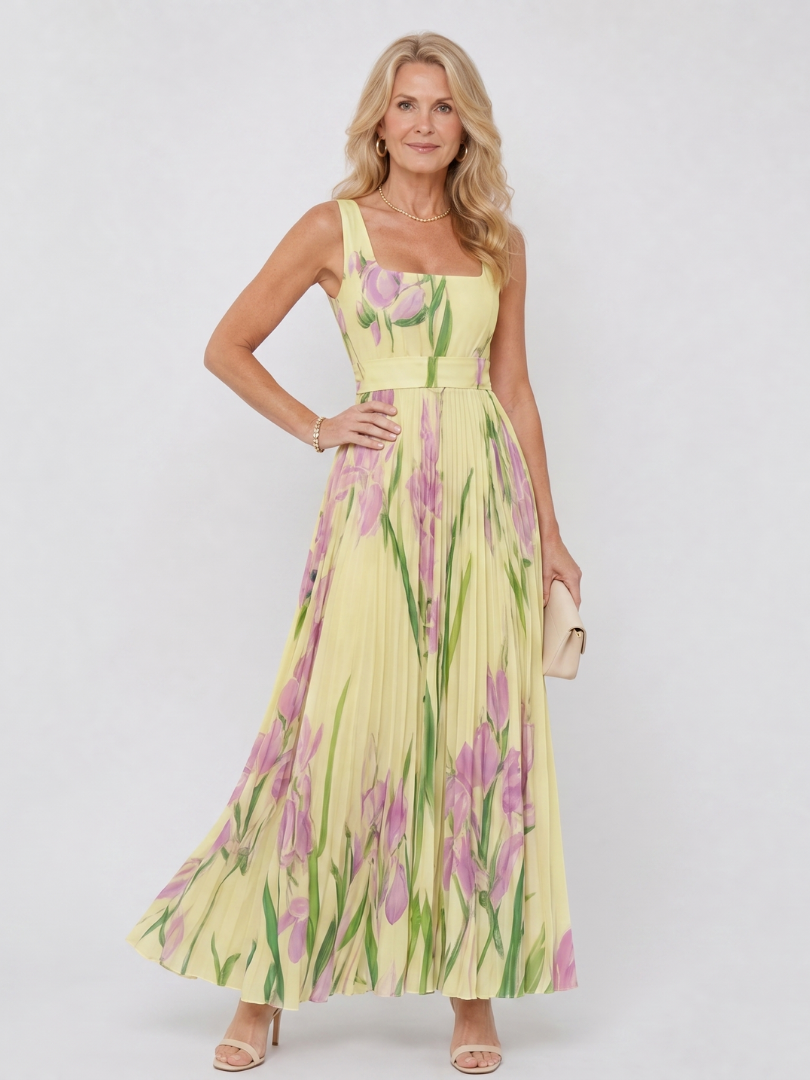 Vimele | Pleated Sleeveless Square Neck Midi Dress