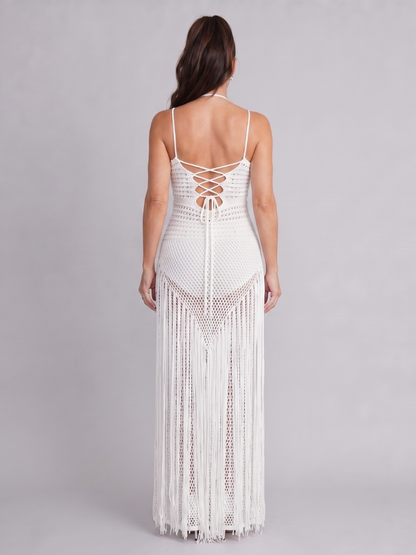 Zephyra | Halter-Neck Crochet Fringe Detail Maxi Dress