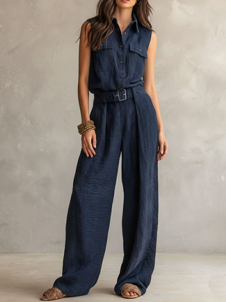 Midnight Navy Sleeveless Utility Jumpsuit with Belt